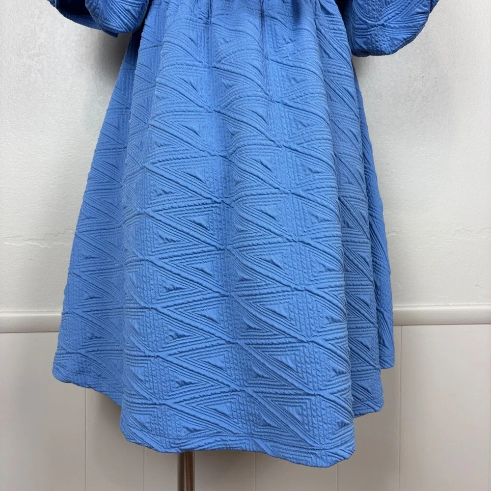 Free People Violet Puff Sleeve Mini Dress Blue Babydoll Textured‎ Matelasse Knit